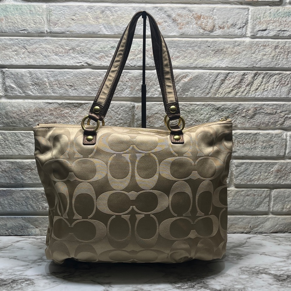 COACH GOLD BEIGE JACQUARD POPPY OP ART GLAM TOTE HANDBAG PURSE METALLIC - Picture 7 of 16
